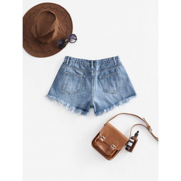 Buckle Straps Frayed Denim Cutoff Shorts