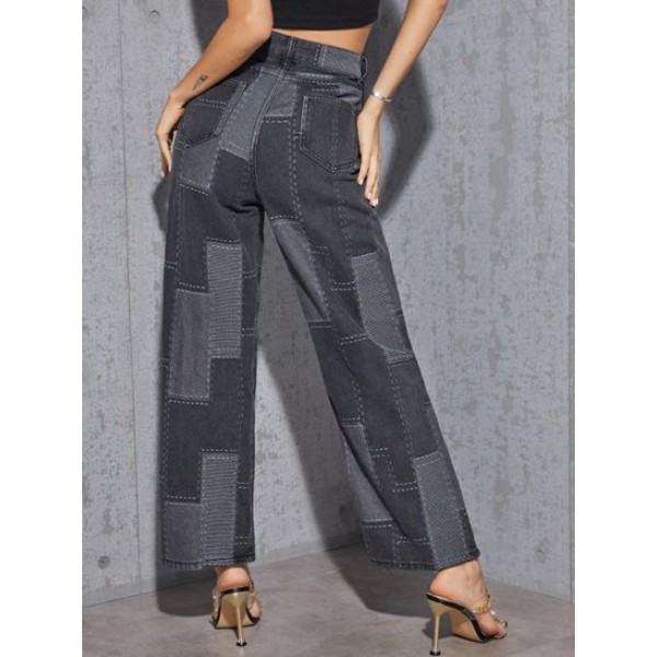 Patchwork Colorblock High Waist Straight Jeans