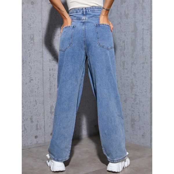 Letter Printed High Waisted Baggy Jeans