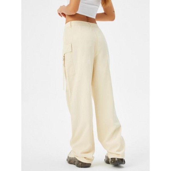 Neutral Color Pockets Wide Leg Cargo Jeans