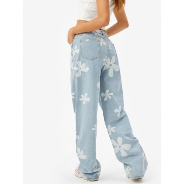 Flower Print High Waisted Baggy Jeans