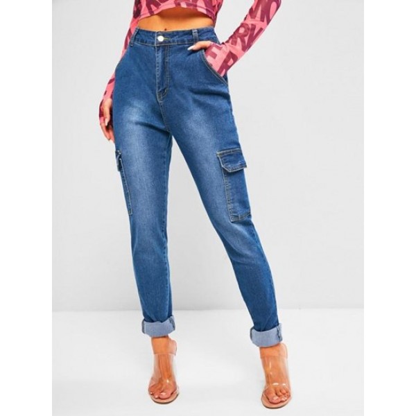 High Waisted Flap Pockets Skinny Cargo Jeans