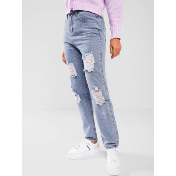 Ripped High Rise Straight Leg Jeans