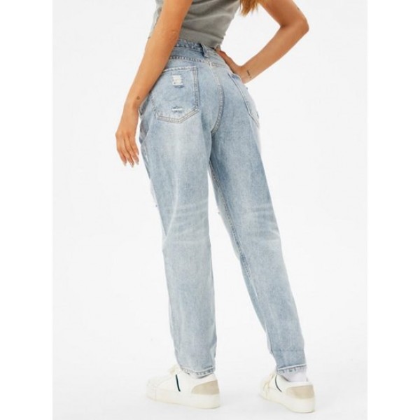 High Waisted Distressed Tapered Jeans