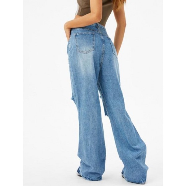 Frayed Distressed Wide Leg Jeans