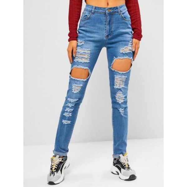 Ripped Destroyed Cuff Hem Skinny Jeans