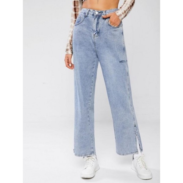 Ripped Slit Cuffs Wide Leg Jeans