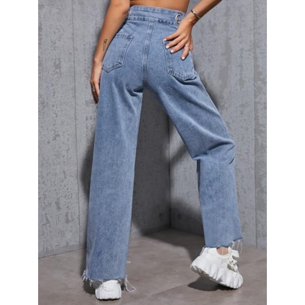 Grommets Raw Hem Wide Leg Jeans