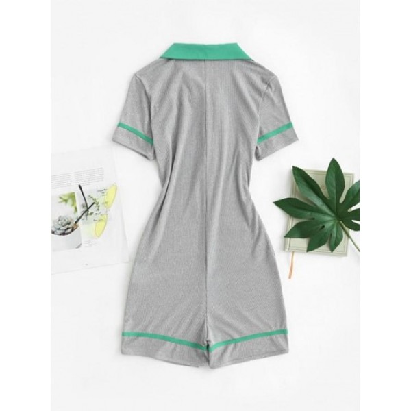 Ribbed Colorblock Button Placket Unitard Romper