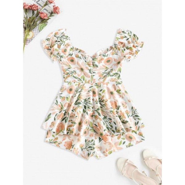 Puff Sleeve Floral Print Cutout Ruffled Romper