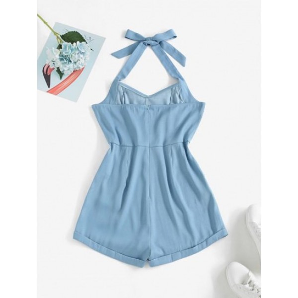 Halter Cuffed Hem Pockets Chambray Romper