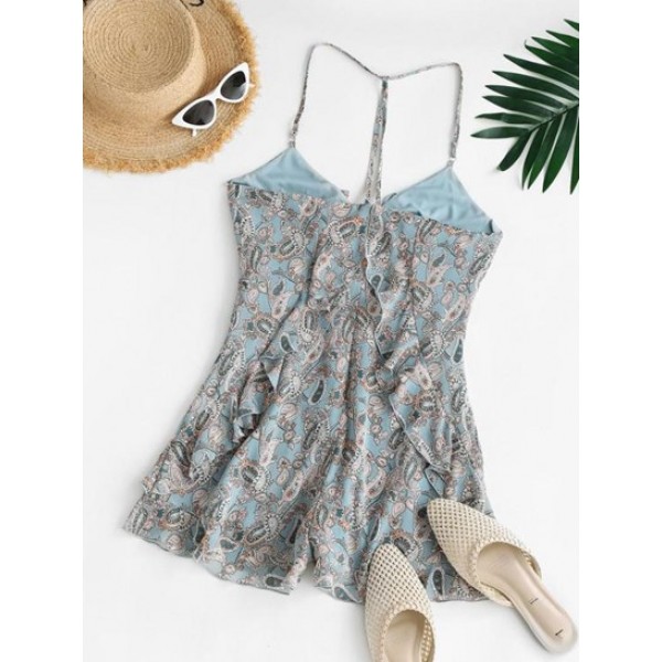 Paisley Flower Ruffle Cross Cami Romper