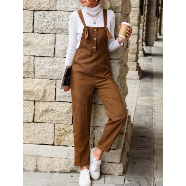 Corduroy Knot Buttons Straight Pinafore Jumpsuit