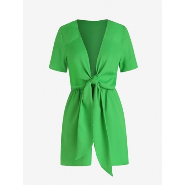 Knot Solid Color Plunging Neck Romper