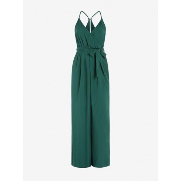 Side Slit Belted Surplice Wide Leg Jumpsuit