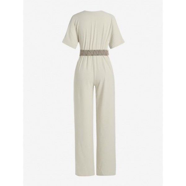 Batwing Sleeve Belted Surplice Wide Leg Jumpsuit