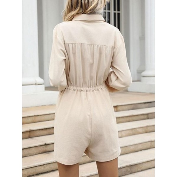 Button Placket Drawstring Waist Shirt Romper