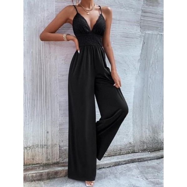 Lace Panel Sleeveless Solid Color Jumpsuit