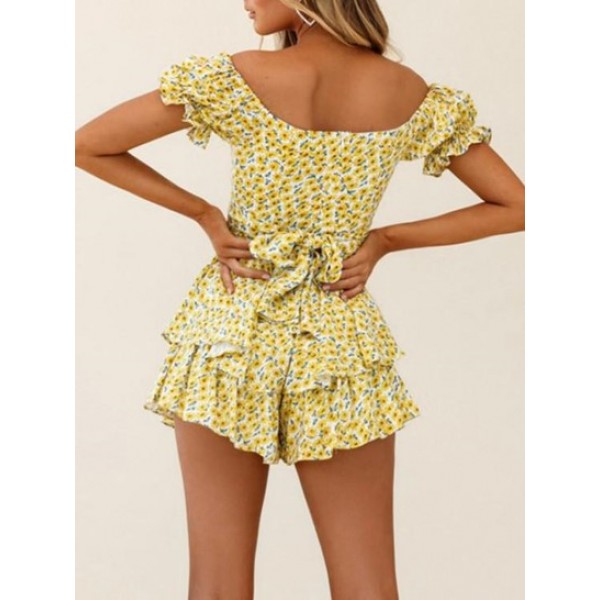 Flower Print Belted Off Shoulder Layered Wide Leg Romper