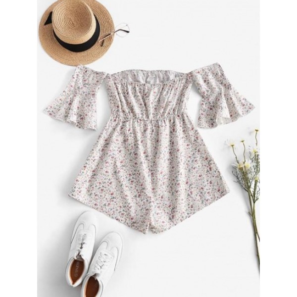 Tie Collar Ditsy Floral Off Shoulder Romper