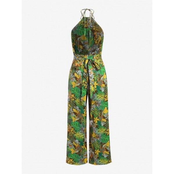 Flower Tropical Leaf Print Halter Wide Leg Jumpsuit