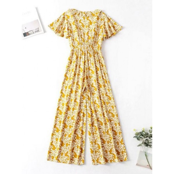 Floral Print Flutter Sleeve Flounce Wide Leg Jumpsuit