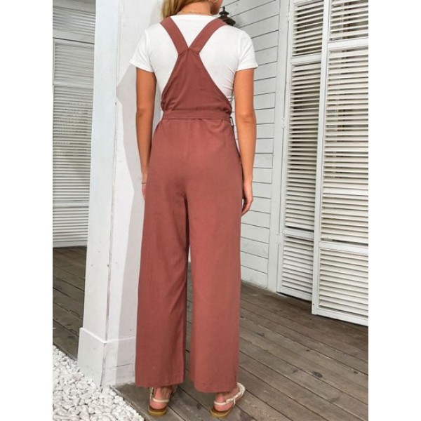 Tie Shoulder Belted Wide Leg Overalls Jumpsuit