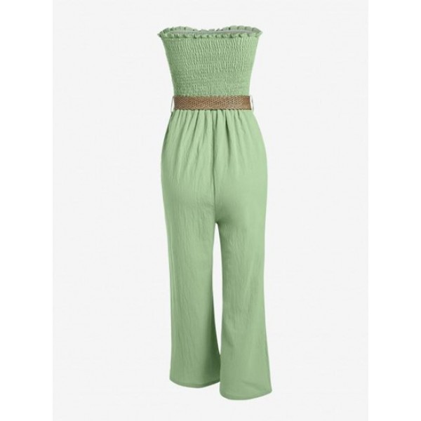 Smocked Mock Button Strapless Belted Capri Straight Jumpsuit