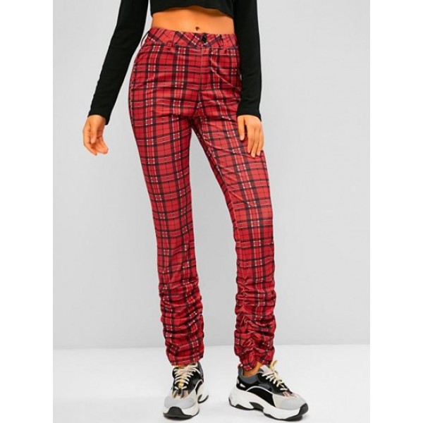 Plaid Pocket High Waisted Stacked Pants