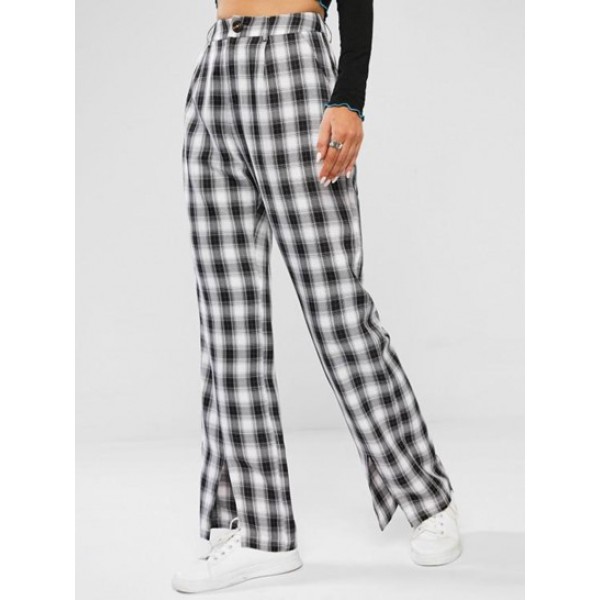 Checked Split Hem Straight Pants