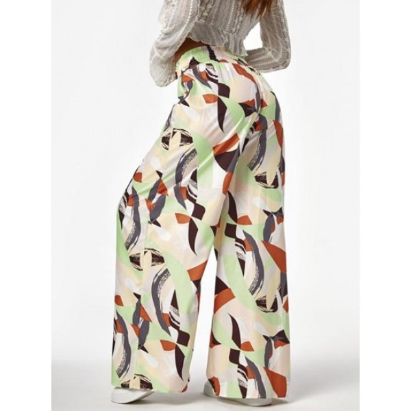 Smocked Waist Abstract Print Wide Leg Pants