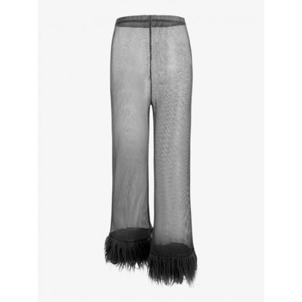 Metallic Fishnet Furry Hem Capri Wide Leg Pants