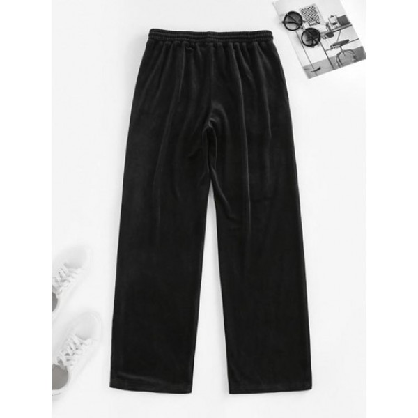 High Rise Letter Embroidered Velvet Wide Leg Pants