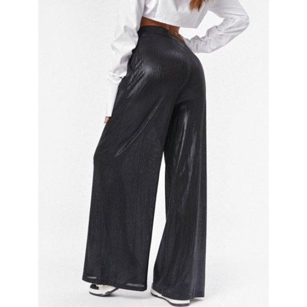 Metallic Belted Pocket Wide Leg Pants