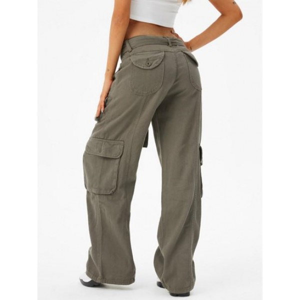 Flap Pockets Belted Cargo Wide Leg Pants