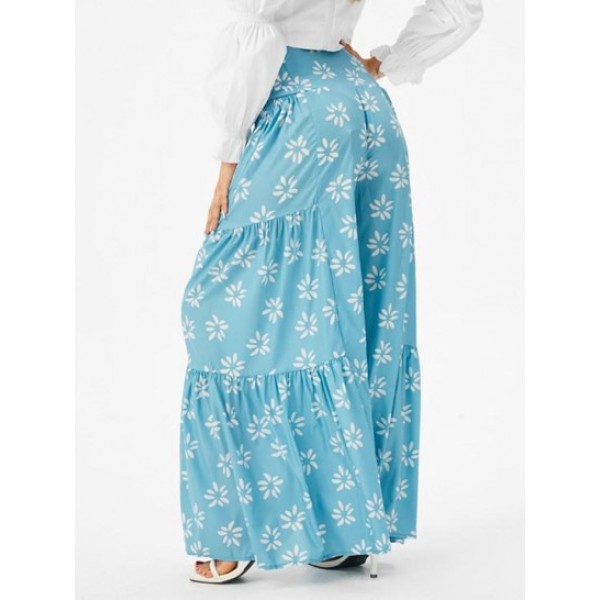 Floral Print Smocked Belted Wide Leg Pants