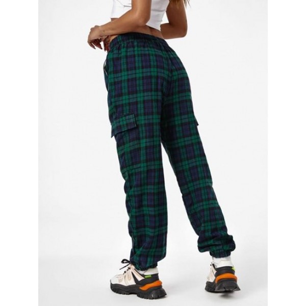 High Waist Pockets Plaid Cargo Pants