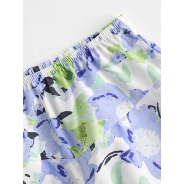 Watercolor Flower Print Pull On Shorts