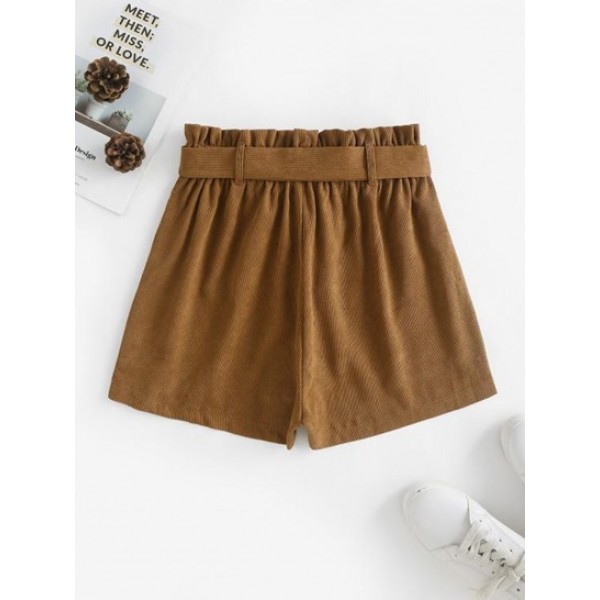 Pockets Belted Corduroy Paperbag Shorts