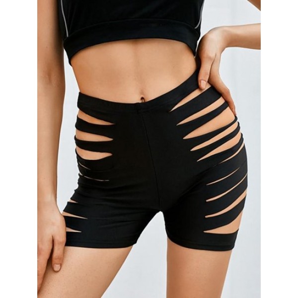 Ladder Cutout Ripped Biker Shorts