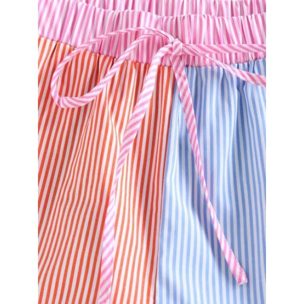 Pinstripe Colorblock Bowknot Wide Leg Shorts