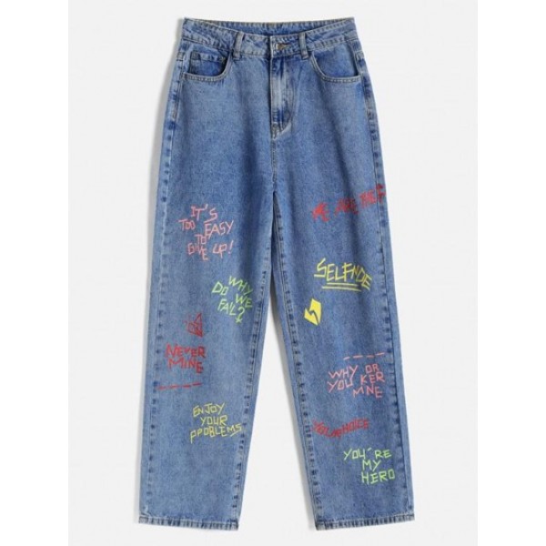 Letter Printed High Waisted Baggy Jeans