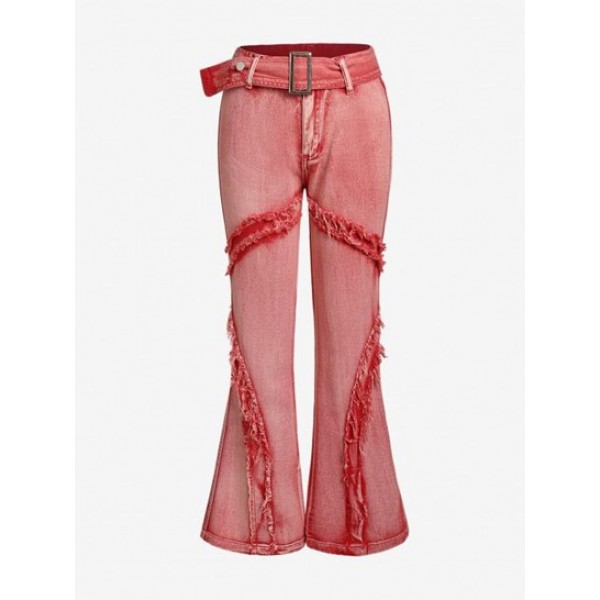 Buckle Belted Frayed Low Rise Boot Cut Jeans