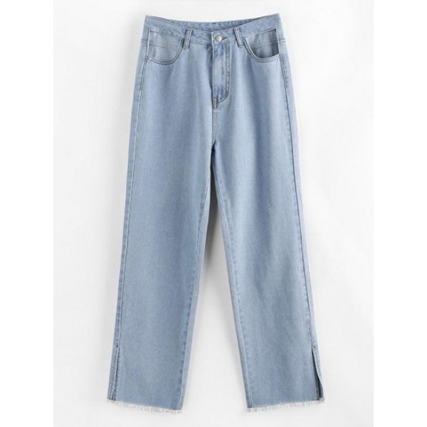 Light Wash Frayed Split Hem Straight Jeans