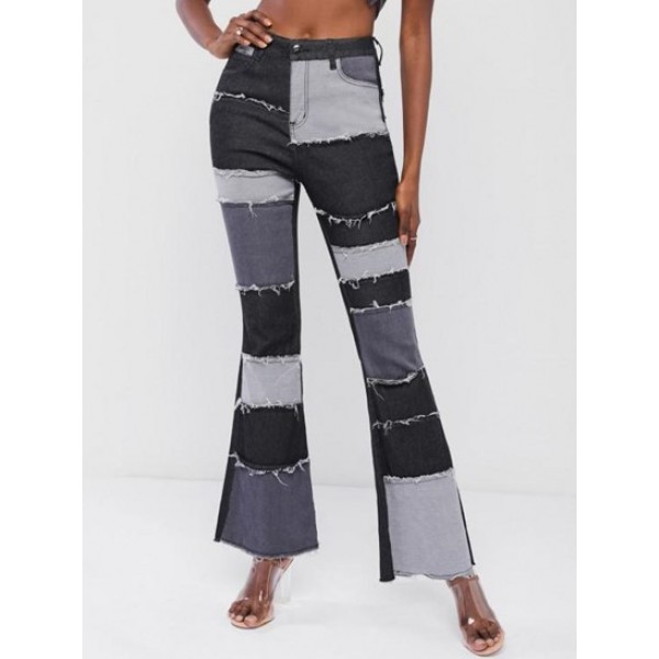 Patchwork Frayed Hem Flare Jeans