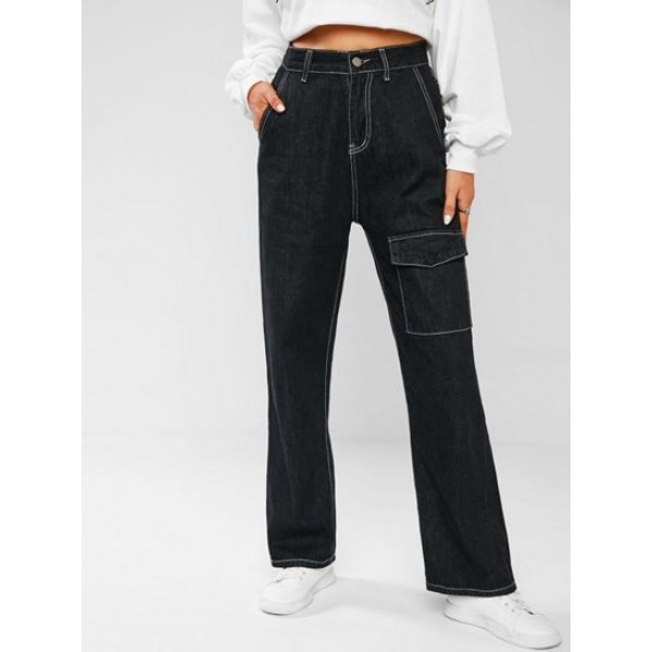 High Waisted Cargo Pocket Wide Leg Jeans