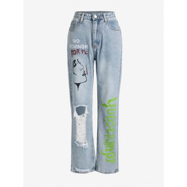 Letter Face Print Distressed Straight Jeans