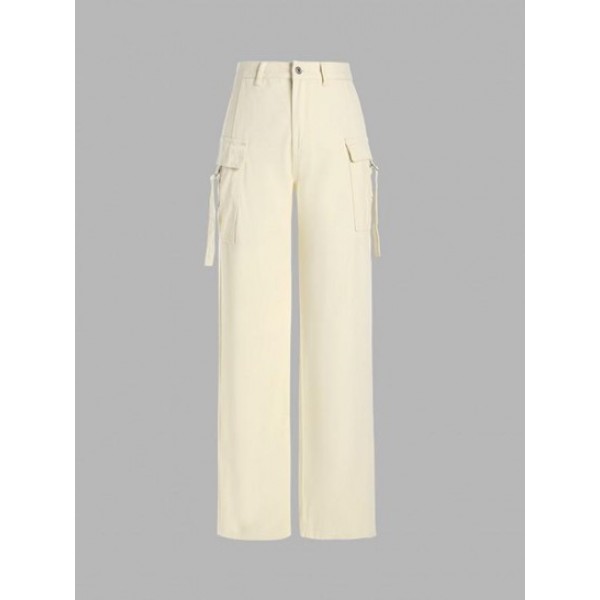 Neutral Color Pockets Wide Leg Cargo Jeans