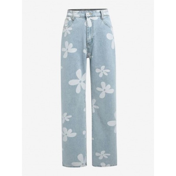 Flower Print High Waisted Baggy Jeans