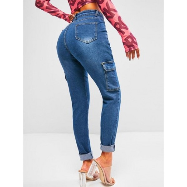 High Waisted Flap Pockets Skinny Cargo Jeans